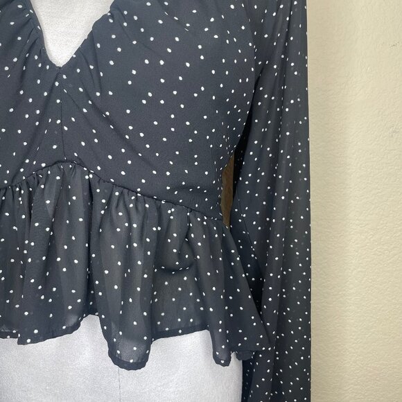 H&M Polka Dot Plunge V-Neck Back Tie Balloon Sleeve Peplum Blouse Coquettegirl L - Picture 6 of 15